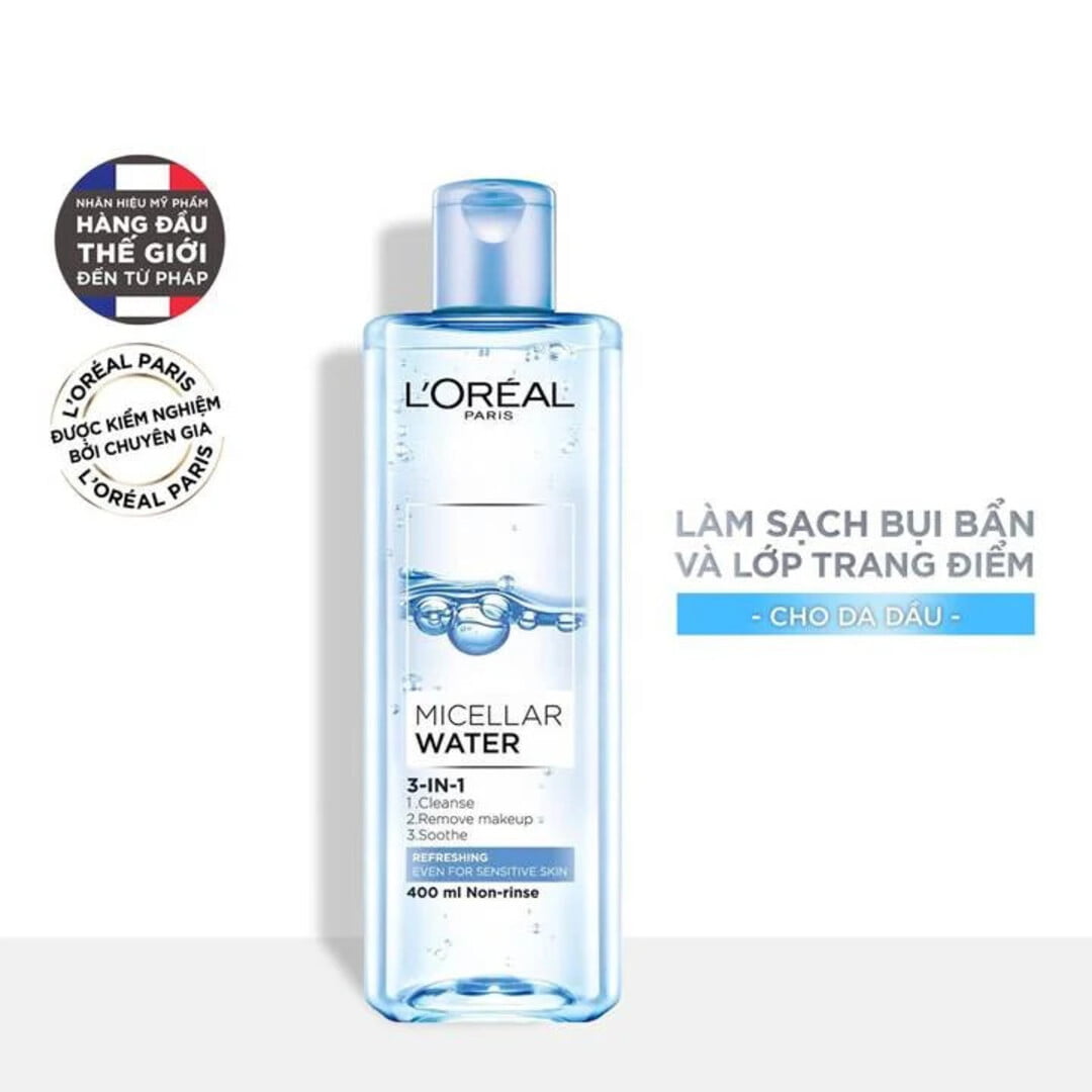 Nước Tẩy Trang L'Oreal Micellar Water 3-in-1 Refreshing Even For Sensitive Skin Tươi Mát Cho Da Dầu, Hỗn Hợp 10 nuoc tay trang l oreal 3 in 1 my pham kim mai 5