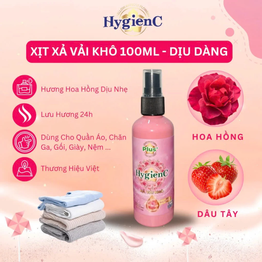 Chai Xịt Thơm Vải HygienC Plus 100ml Tiện Lợi - Hương Hoa Hồng 2 Chai Xịt Thơm Vải HygienC Plus 100ml Tiện Lợi - Hương Hoa Hồng - Ảnh 2
